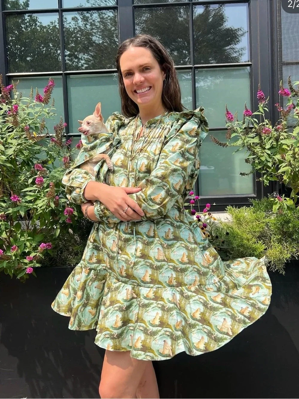 Large Rachel Antonoff Laura pleated mini dress dog pattern Green Long-Sleeve